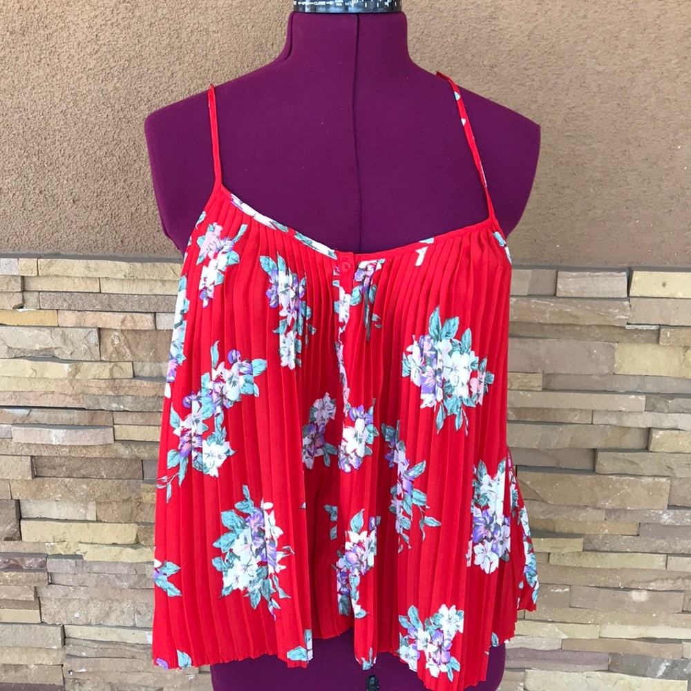 Kimchi blue silky red floral print pleated Top